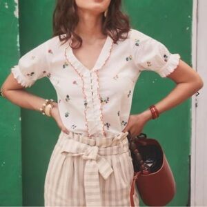 Sezane Andrea Floral Embroidered Ruffle Trim Blouse - Ecru